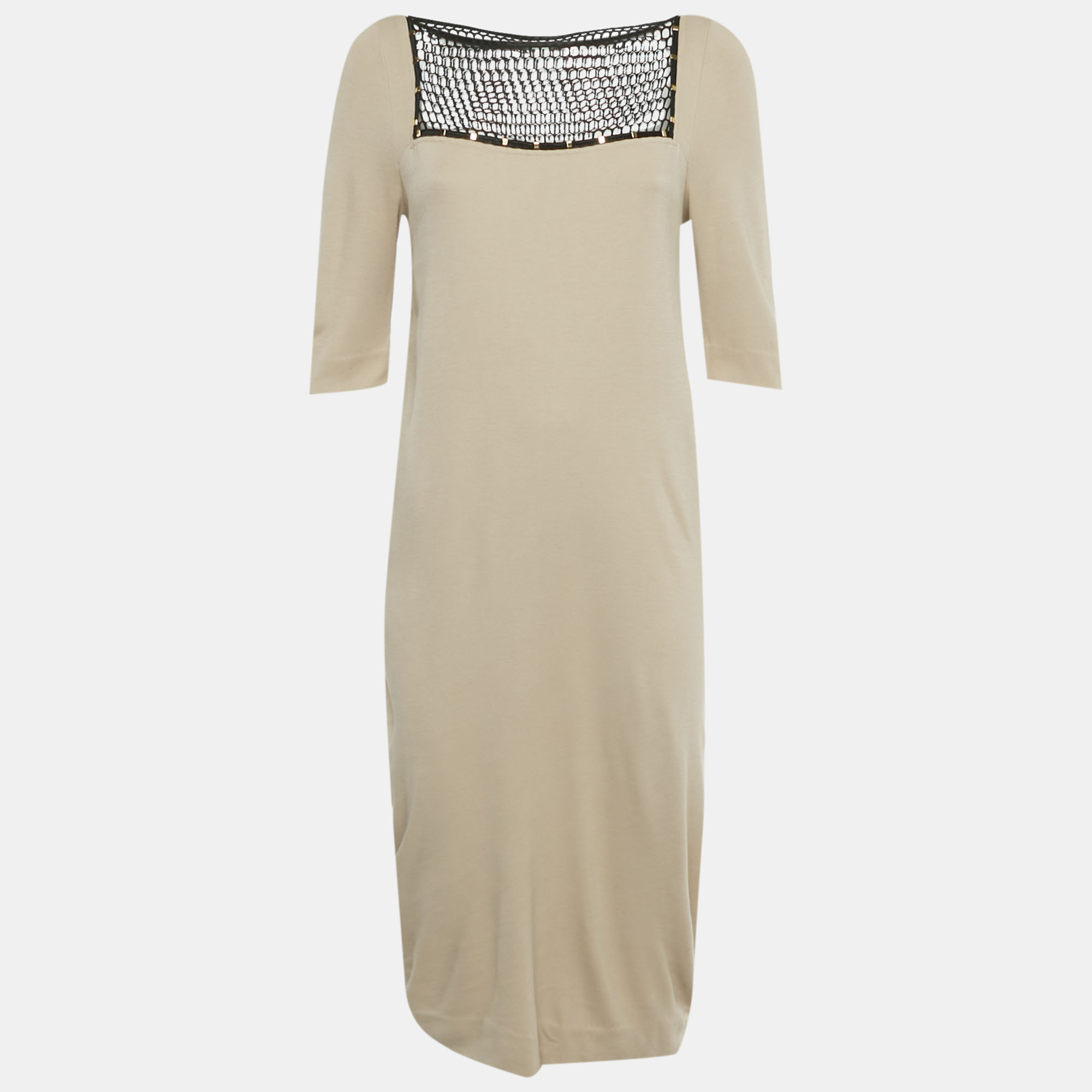 Pre-owned Class By Roberto Cavalli Beige Mesh Detail Jersey Midi Dress M In Sand