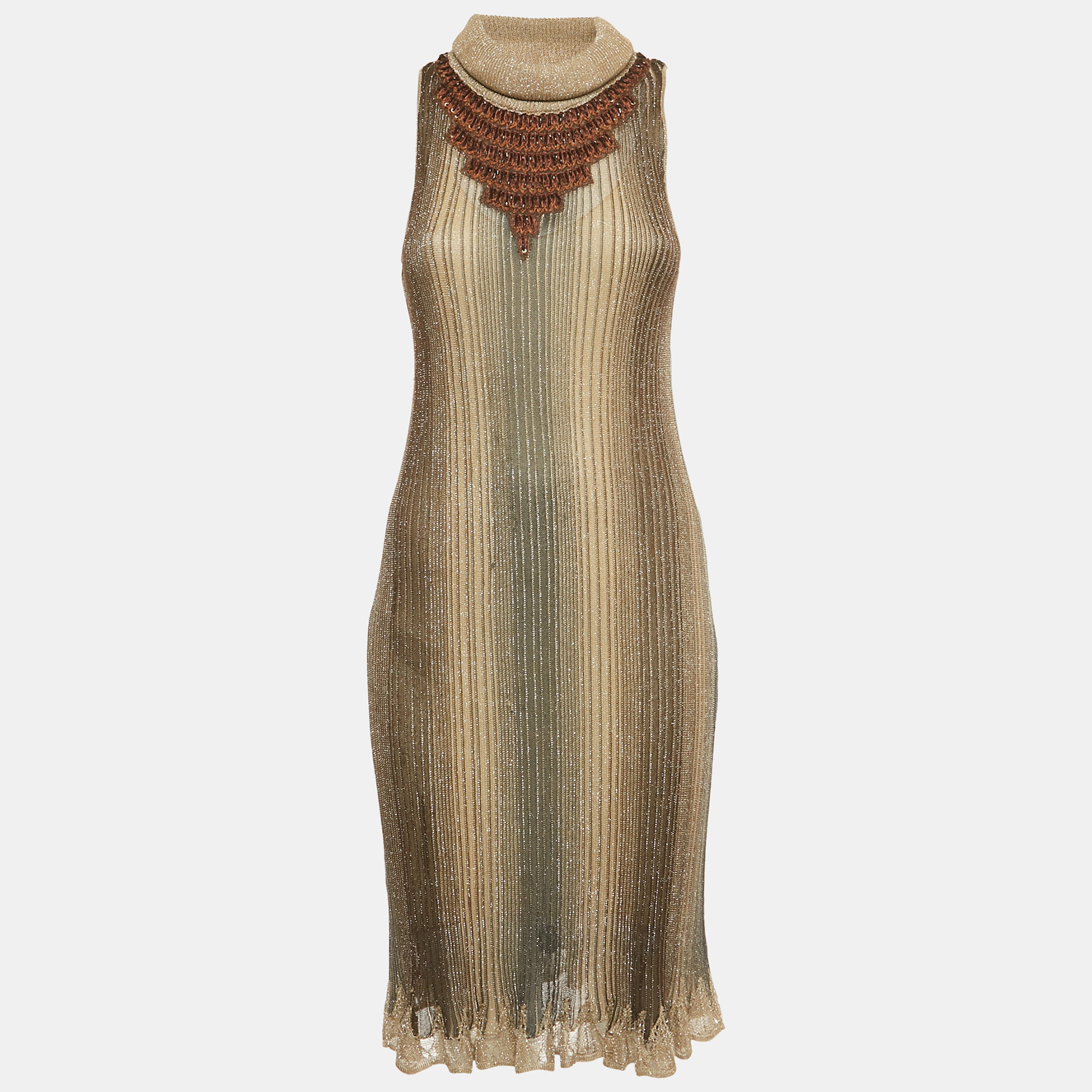 Pre-owned Class By Roberto Cavalli Brown Embellished Lurex Knit Midi Dress M