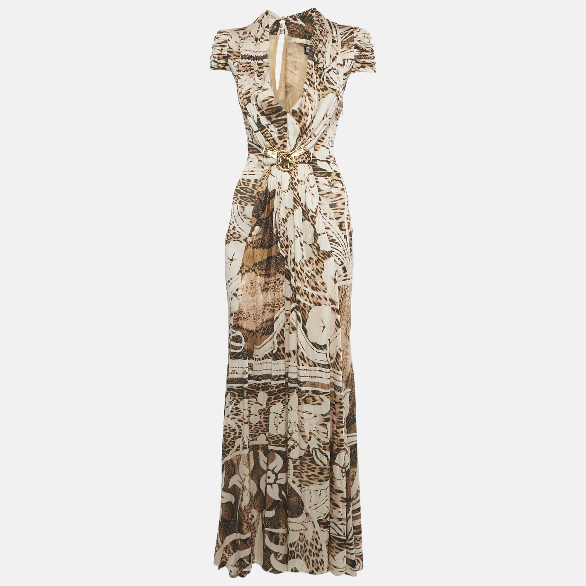 Pre-owned Class By Roberto Cavalli Brown Snakeskin Print Jersey Pleated Maxi Dress S
