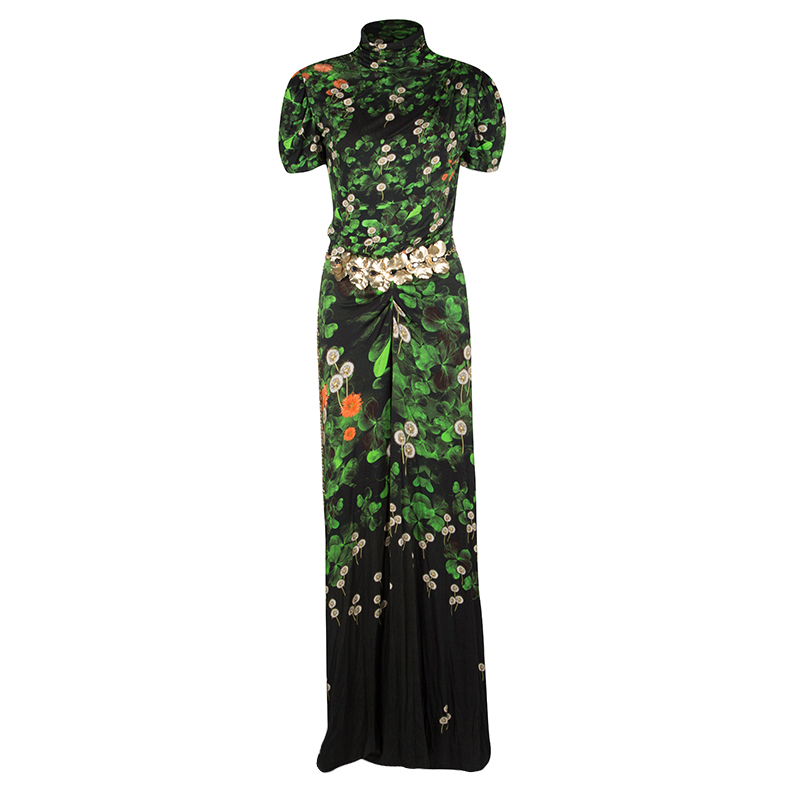 Class by Roberto Cavalli Floral Printed Jersey Embellished Belt Detail Maxi Dress M