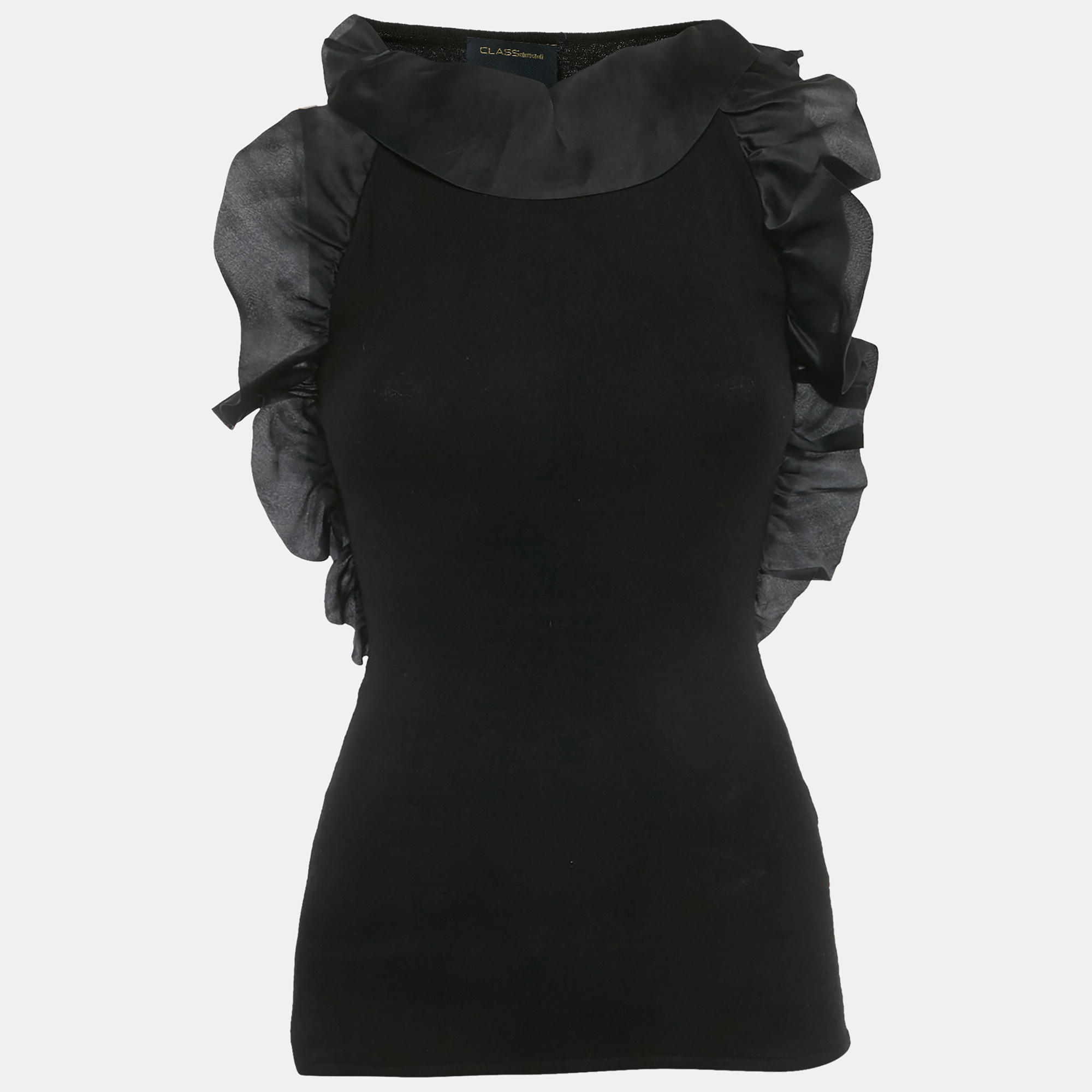 

Class by Roberto Cavalli Black Stretch Knit Ruffle Top M