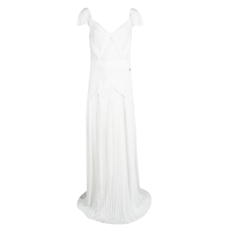 Roberto Cavalli Class Off White Pleated Lace Insert Sleeveless Maxi Dress L