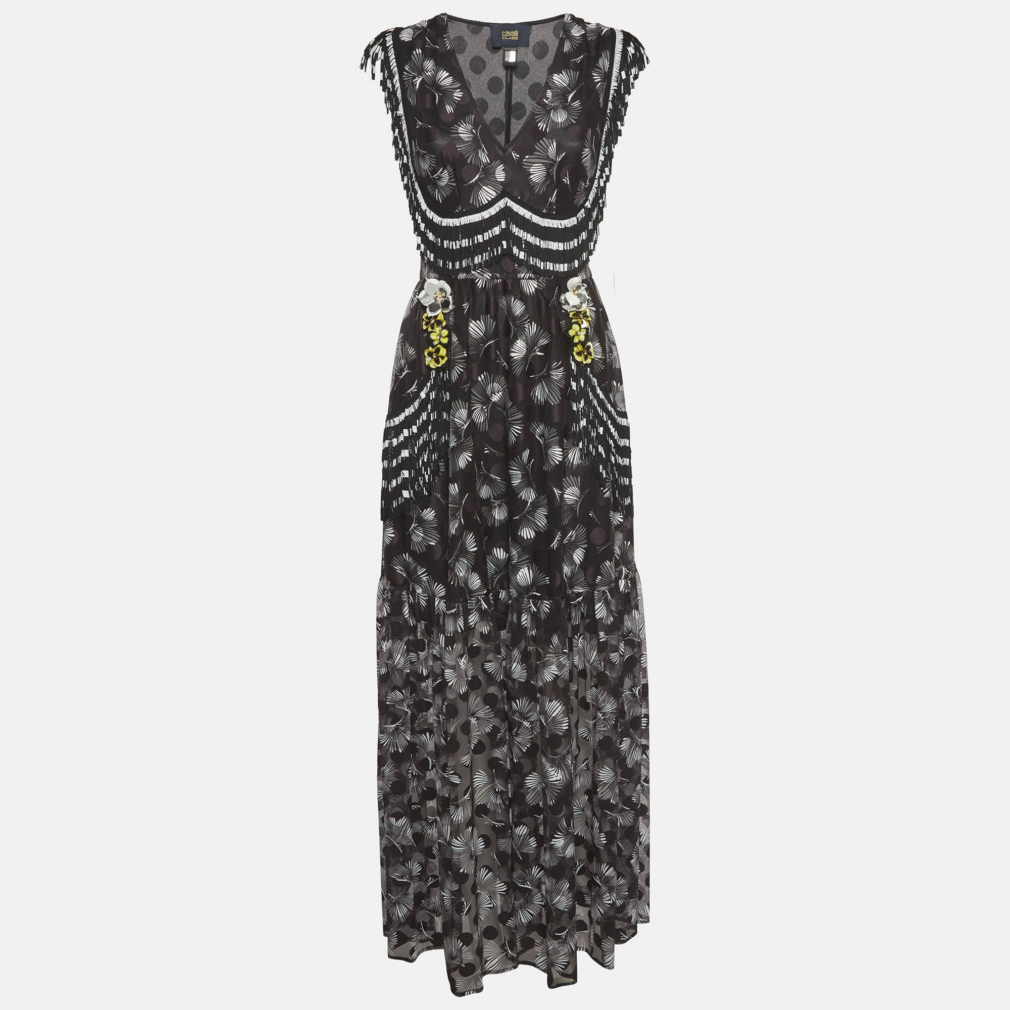 

Class by Roberto Cavalli Black Mesh Floral Print Fringed Maxi Dress M