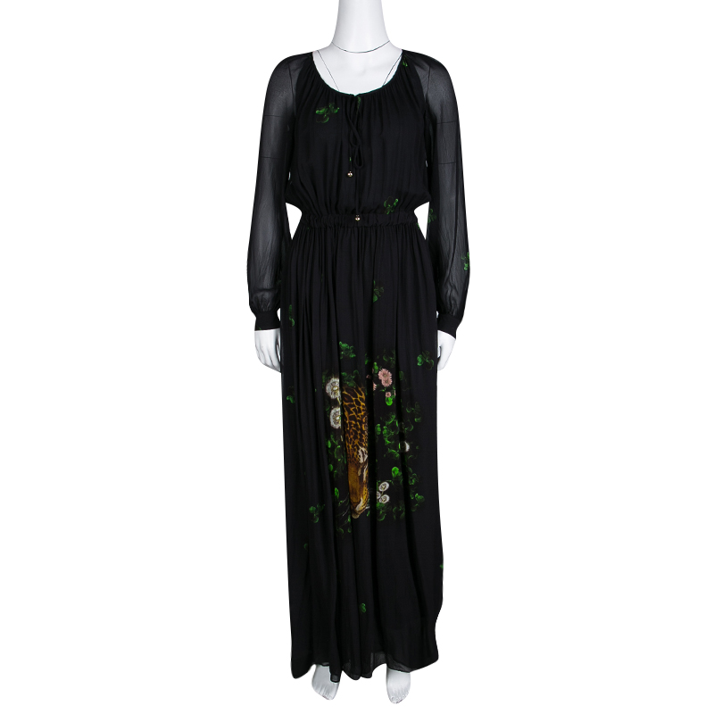 

Class by Roberto Cavalli Black Leopard Figure Floral Print Long Sleeve Maxi Dress