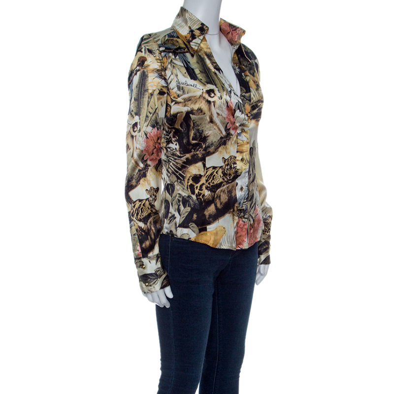 

Class by Roberto Cavalli Floral Printed Stretch Silk Satin Button Front Shirt, Multicolor