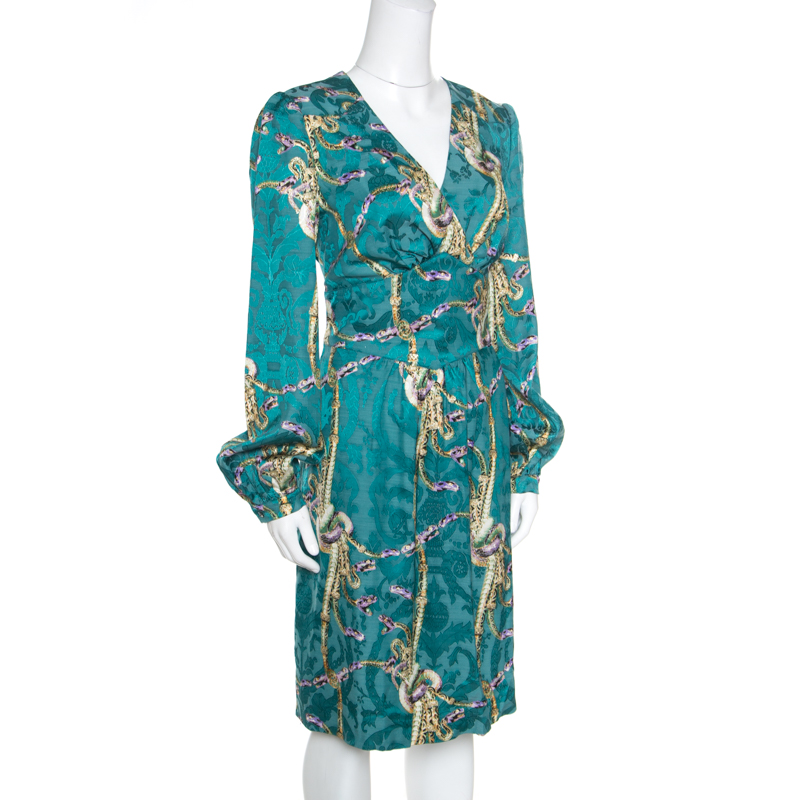 

Class by Roberto Cavalli Teal Intertwined Snakes Printed Long Sleeve Dress, Green