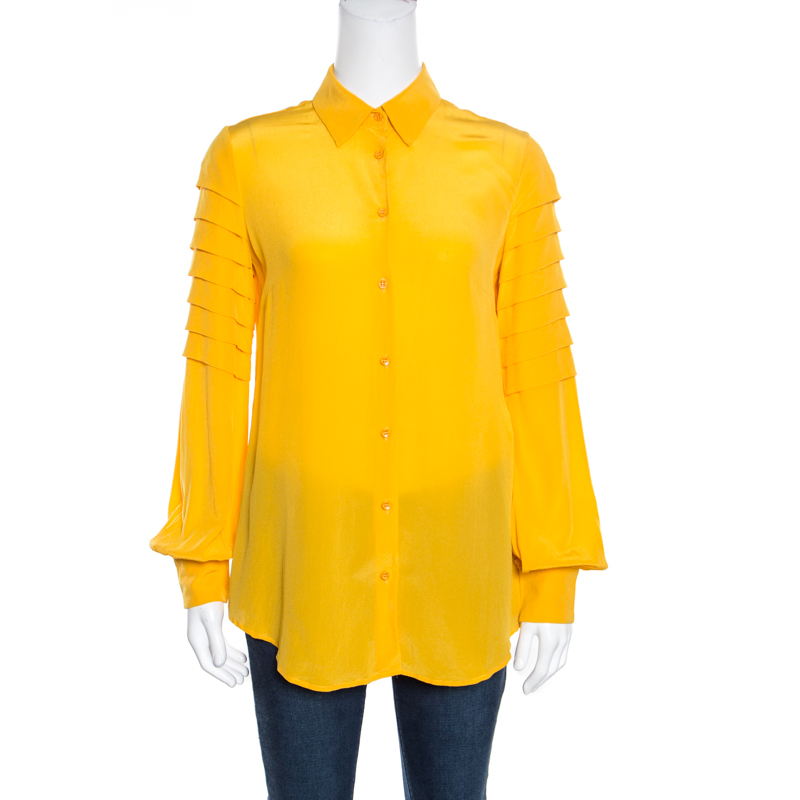 Class by Roberto Cavalli Yellow Silk Crepe Paneled Sleeve Blouse M