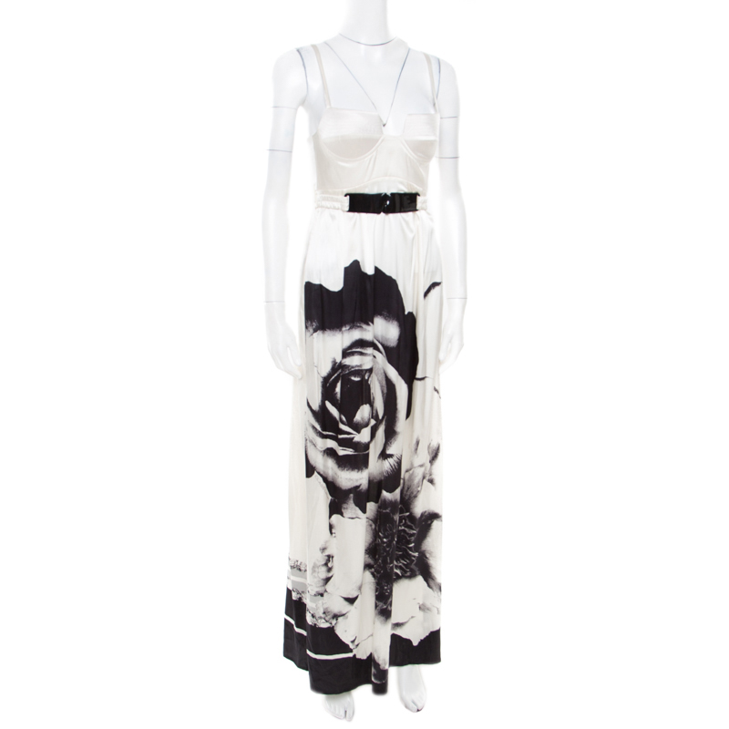 

Class by Roberto Cavalli Monochrome Floral Printed Silk Satin Bustier Maxi Dress, Black