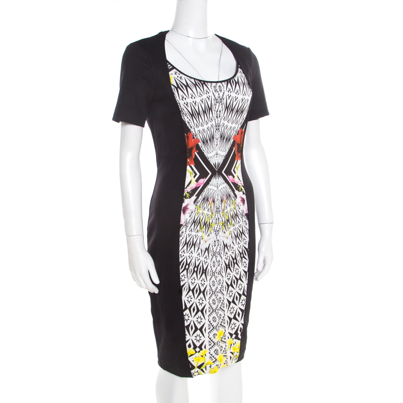 

Roberto Cavalli Black Jacquard Contrast Printed Panel Short Sleeve Dress