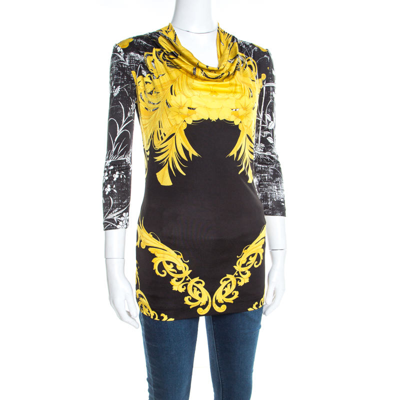 

Class by Roberto Cavalli Black and Yellow Baroque Floral Print Cowl Neck Top