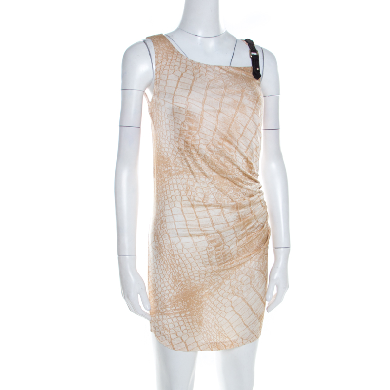 

Class by Roberto Cavalli Beige Snakeskin Printed Leather Trim Ruched Fitted Dress, Cream