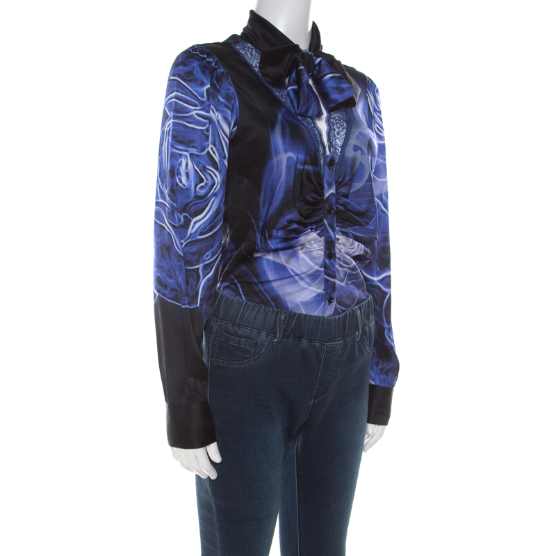 

Class by Roberto Cavalli Blue Silk Satin Lace Neckline Bodysuit