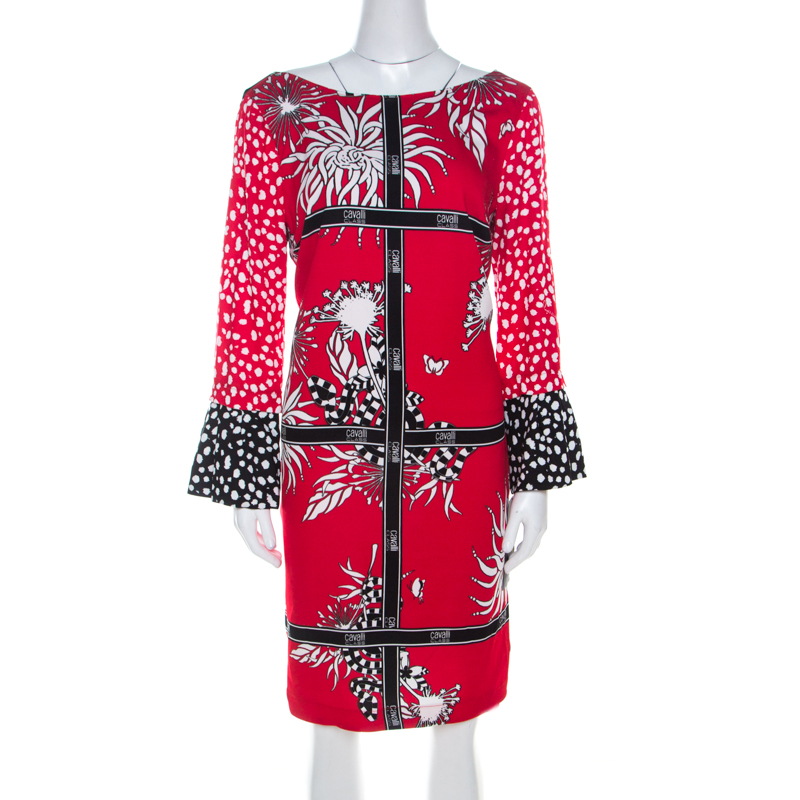 Cavalli Class Red and Black Floral Print Crepe Tunic Shift Dress M
