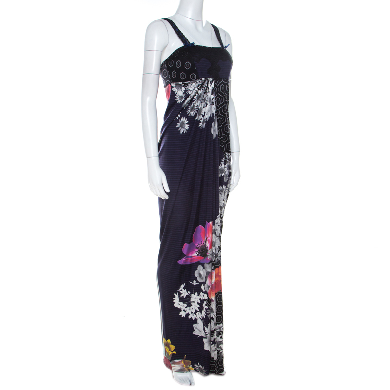 

Class by Roberto Cavalli Multicolor Printed Jersey Lace Bodice Dress