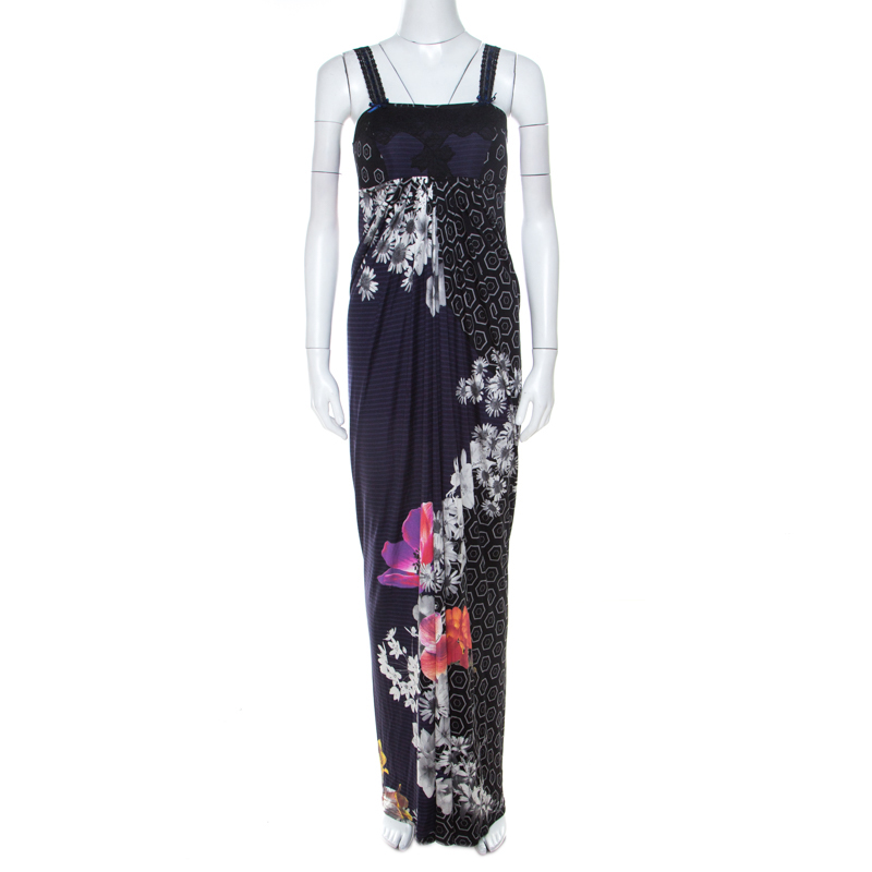 Pre Owned Class by Roberto Cavalli Multicolor Printed Jersey Lace Bodice Dress M