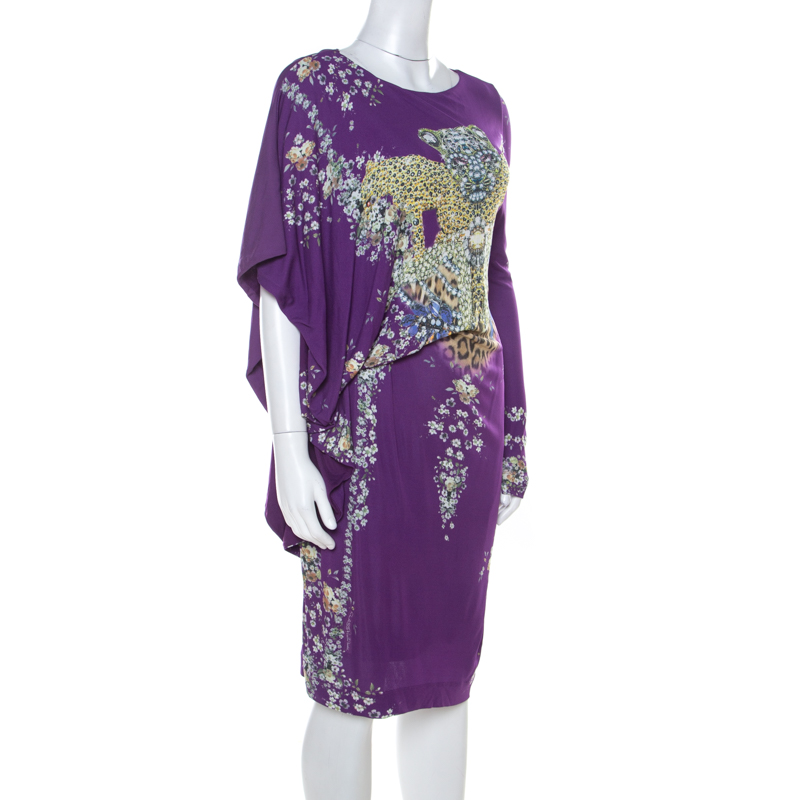 

Class by Roberto Cavalli Purple Animal & Floral Print Draped Asymmetric Dress