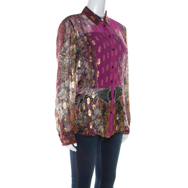 

Class by Roberto Cavalli Multicolor Printed Gold Jacquard Chiffon Shirt