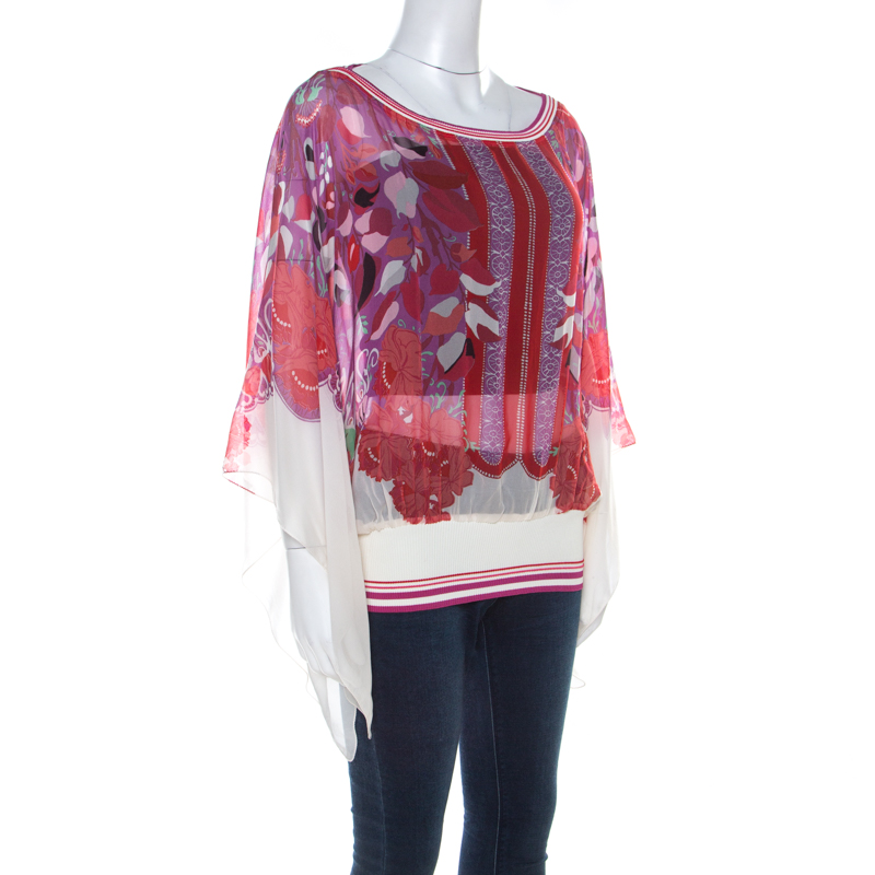 

Class by Roberto Cavalli Multicolor Floral Printed Silk Ribbed Detail Top