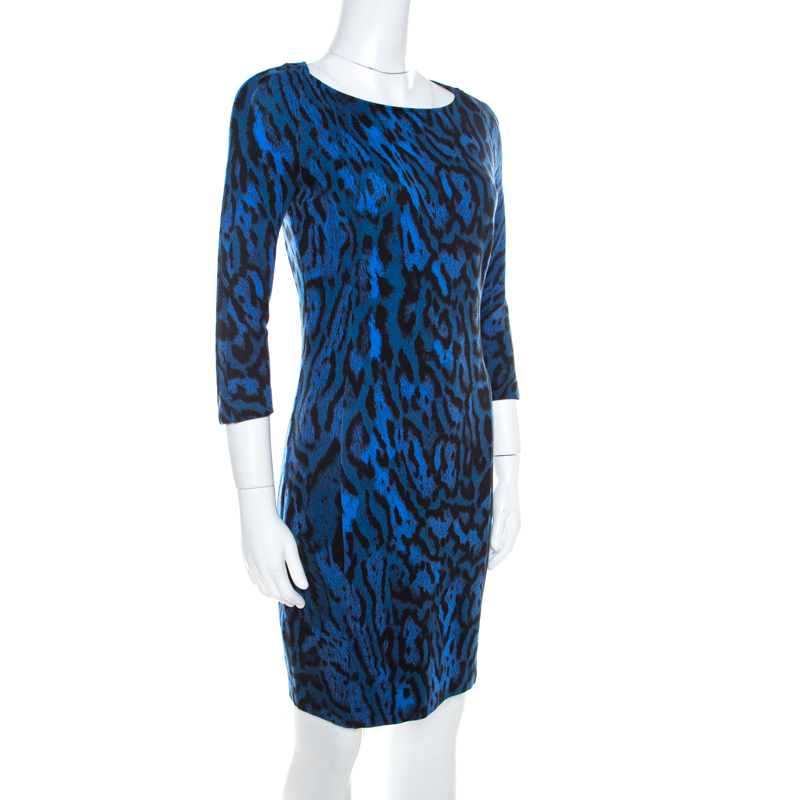 

Just Cavalli Blue Leopard Print Back Cut-Out Midi Dress