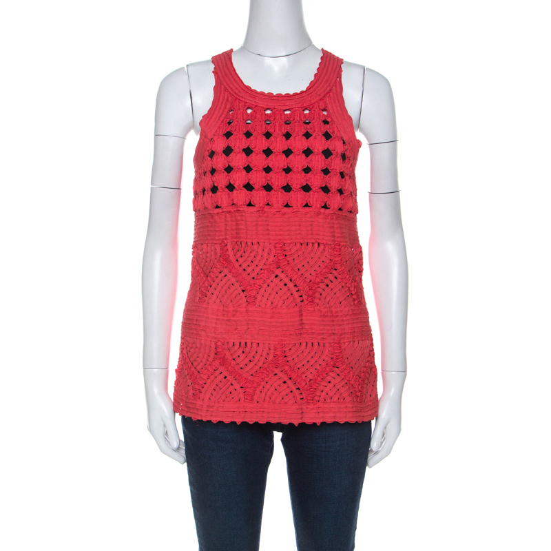 

Cavalli Class Coral Red Cord Lace Embroidered Sleeveless Top