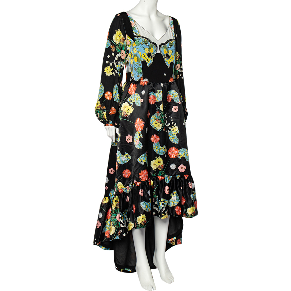 

Cavalli Class Black Floral Printed Sateen And Crepe Paneled Ruffled Hem Gown
