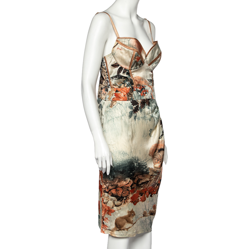 

Class by Roberto Cavalli Beige Floral Squirrel Print Silk Bustier Dress