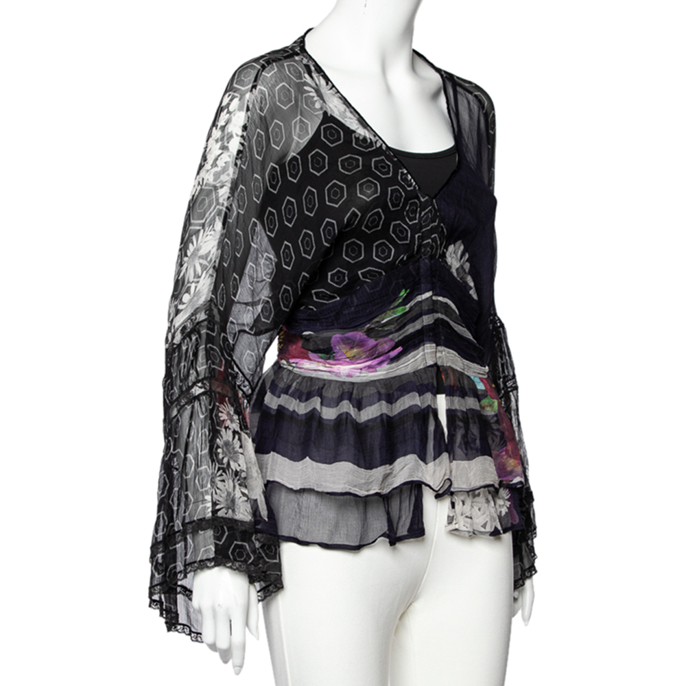 

Class by Roberto Cavalli Black Floral Print Silk Sheer Blouse