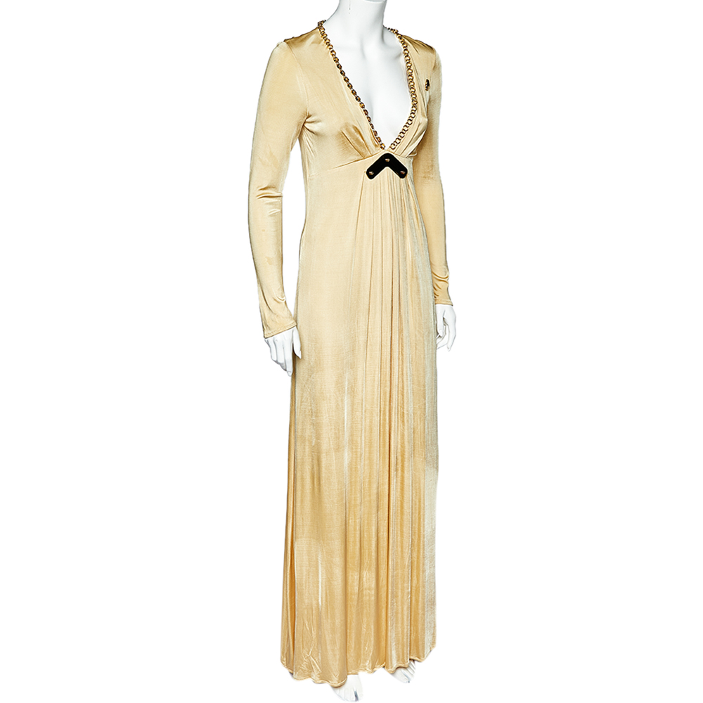 

Class by Roberto Cavalli Cream Metal Embellished Jersey Open Back Maxi Dress