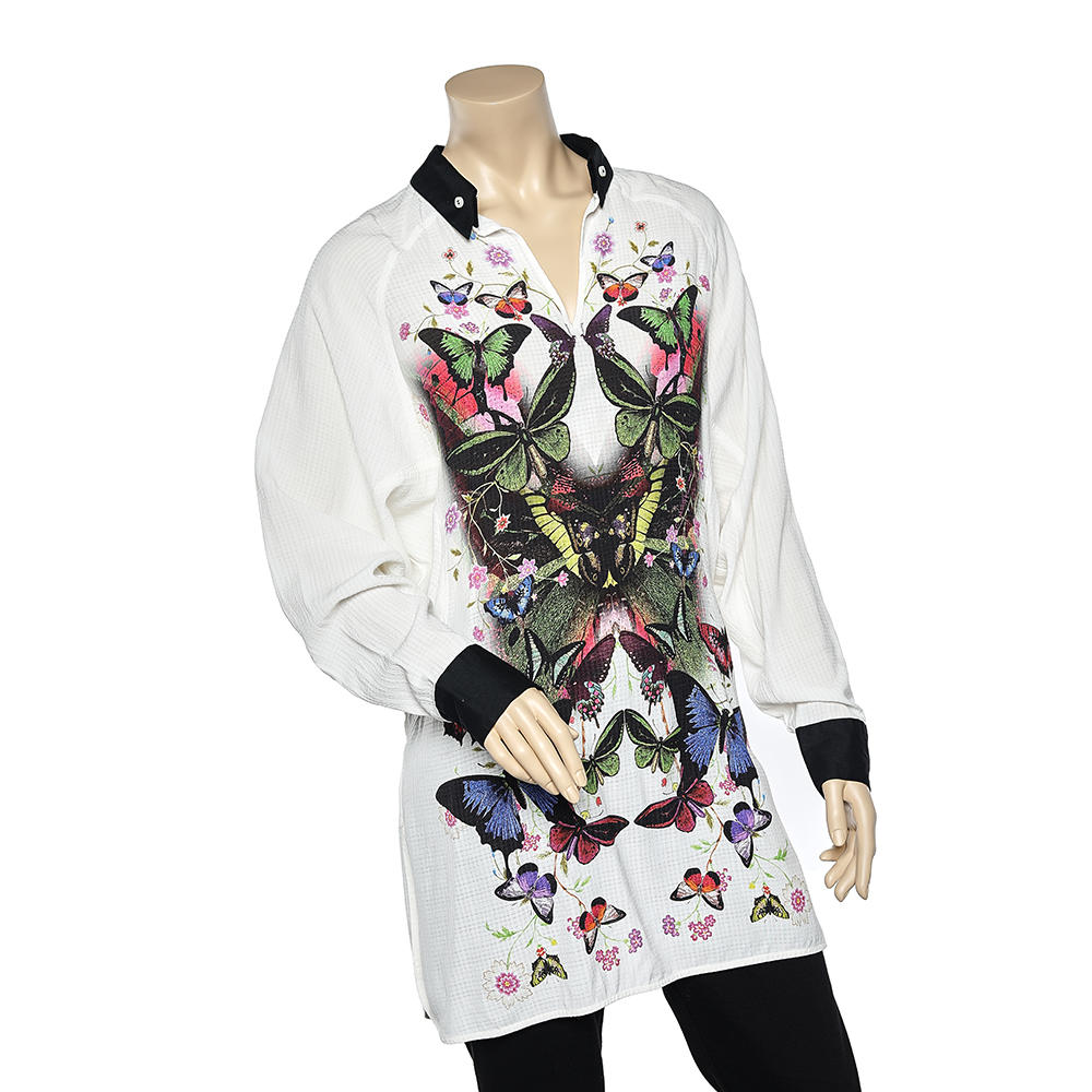 

Class by Roberto Cavalli White Butterfly Print Seersucker Long Sleeve Top