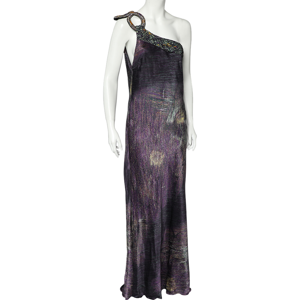 

Class by Roberto Cavalli Purple Printed Satin Embellished One Shoulder Gown