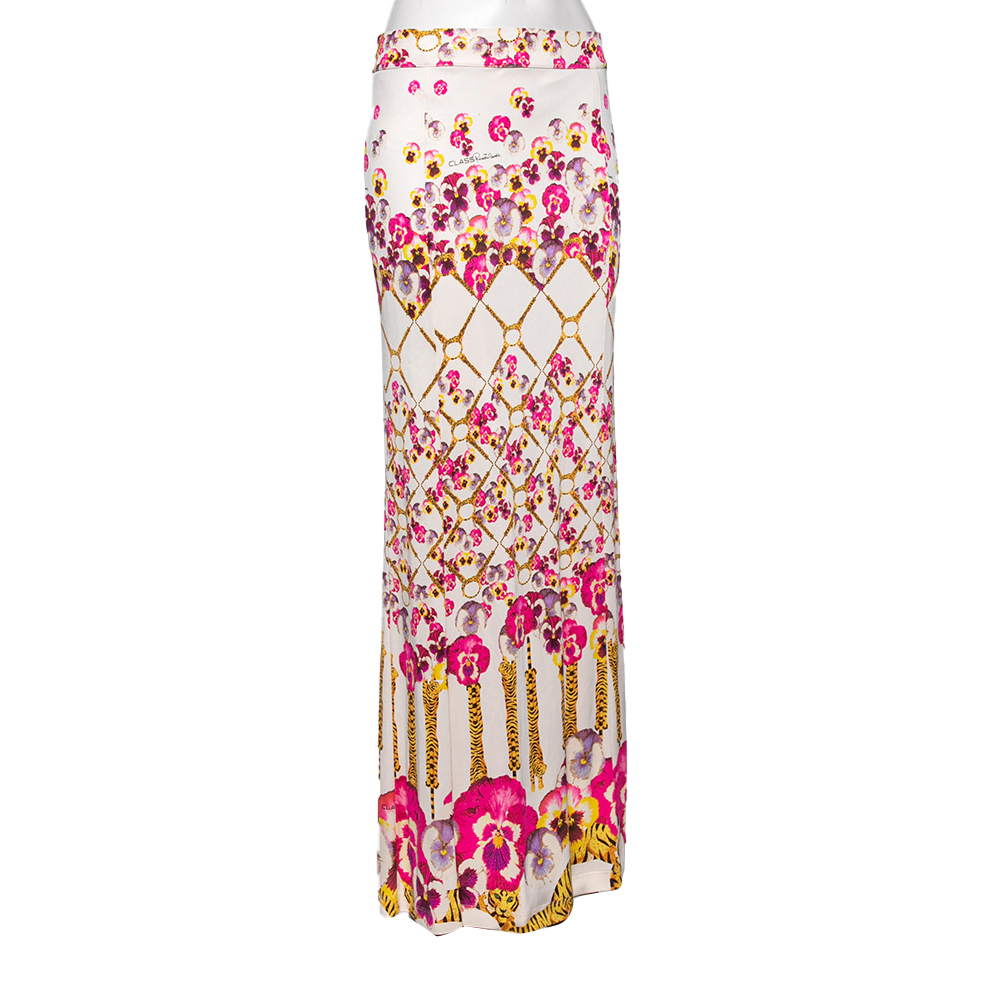 

Class by Roberto Cavalli Cream Floral Printed Silk Slit Detailed Maxi Skirt