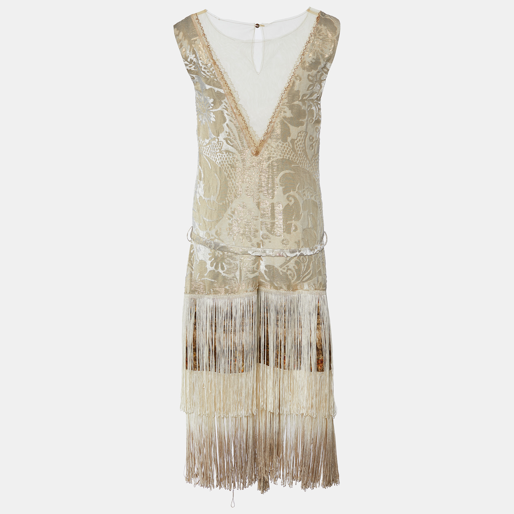 Pre-owned Class By Roberto Cavalli Gold Devore Fringe Detail Belted Sleeveless Dress L