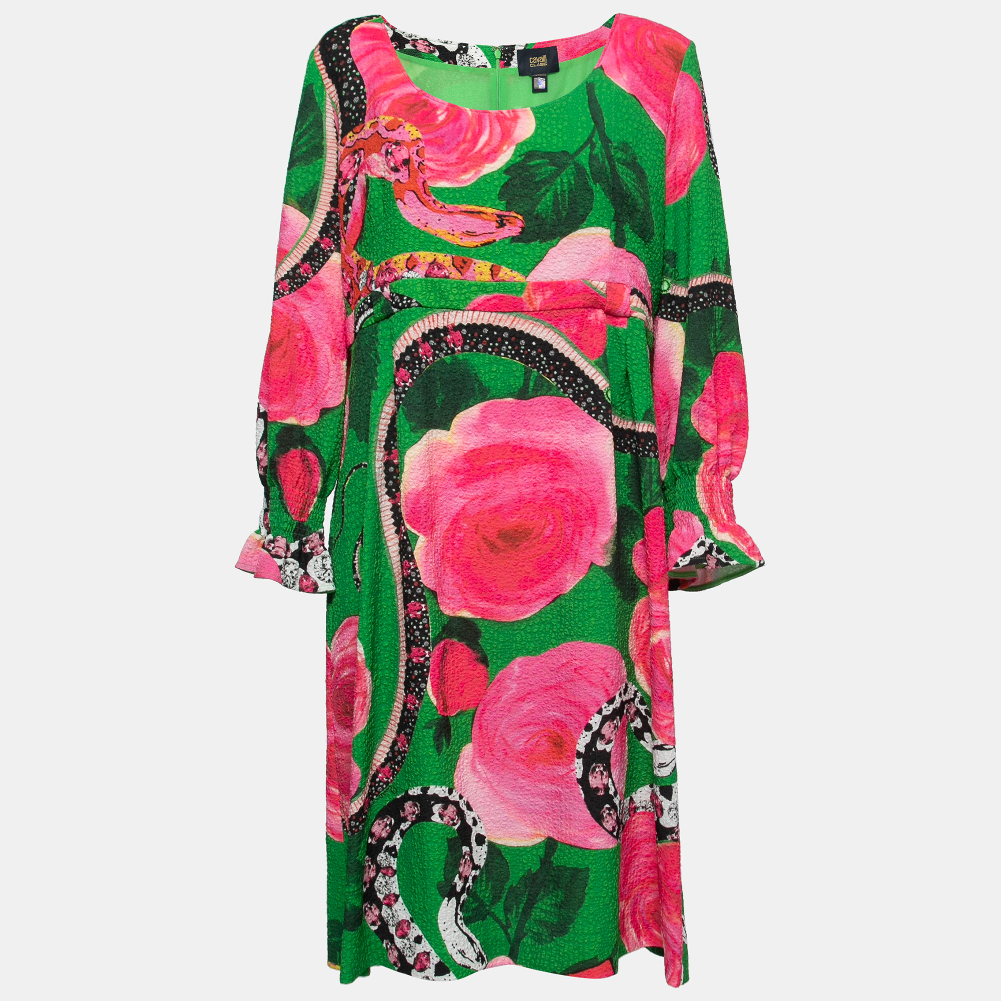 Pre-owned Class By Roberto Cavalli Green Floral Printed Textured Long Sleeve Dress L
