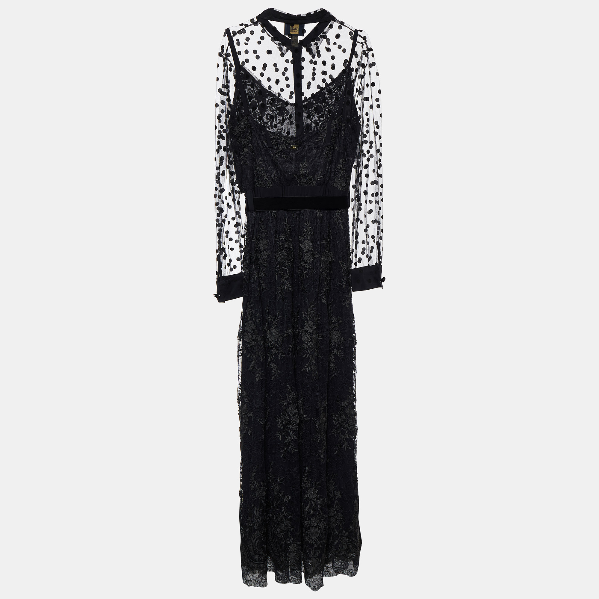 

Cavalli Class Black Lace & Tulle Mock Neck Belted Maxi Dress