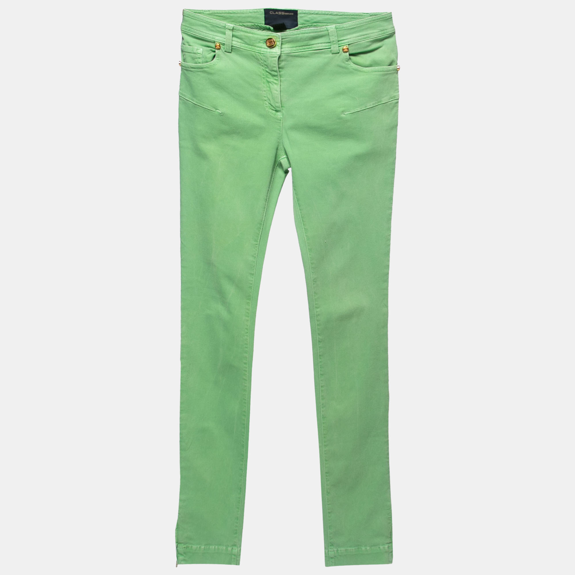 Pre-owned Class By Dressing Gownrto Cavalli Class By Dressing Gownrto Lime Green Denim Skinny Jeans S Waist 26"