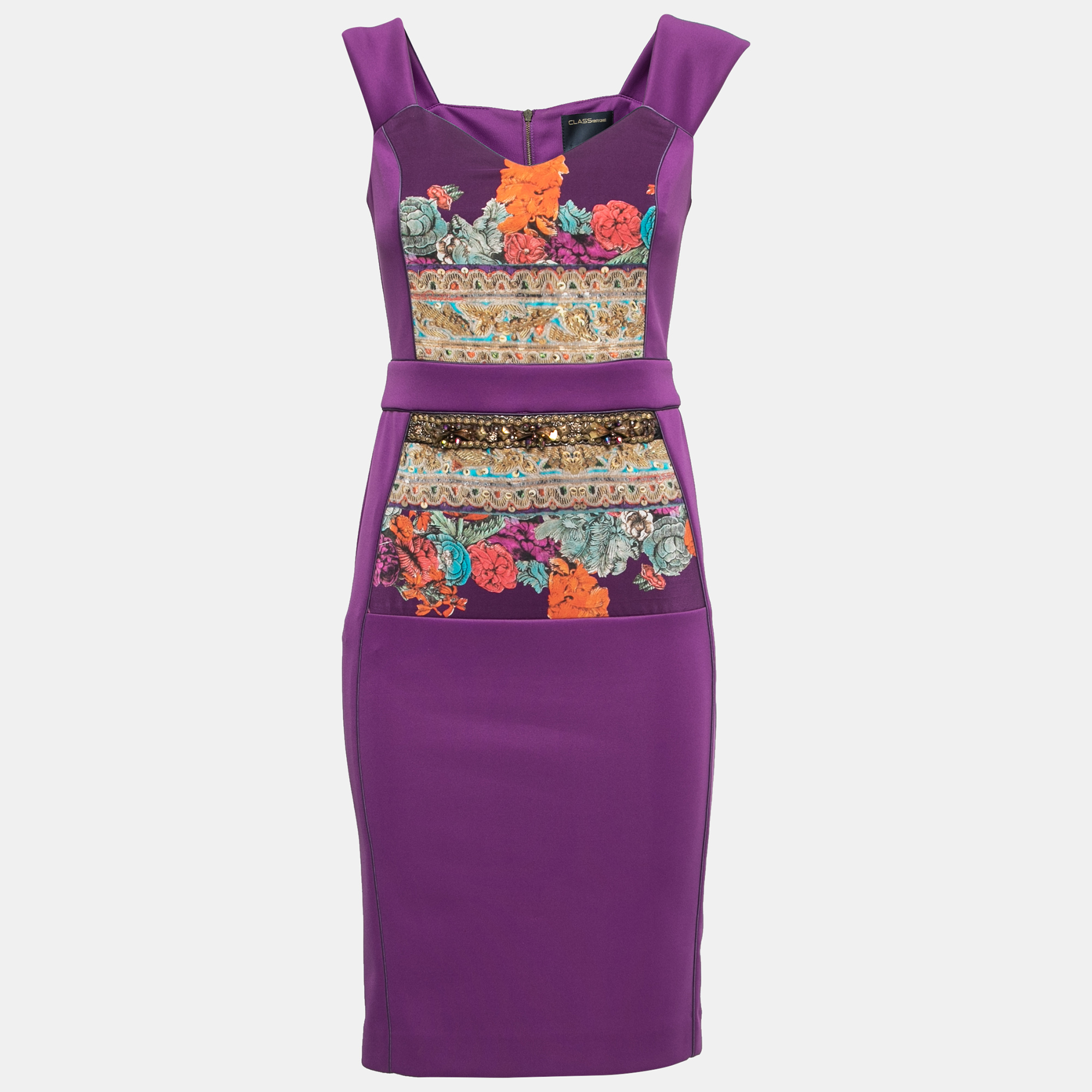 Pre-owned Class By Roberto Cavalli Purple Jersey Floral Applique Beaded Bodycon Dress M