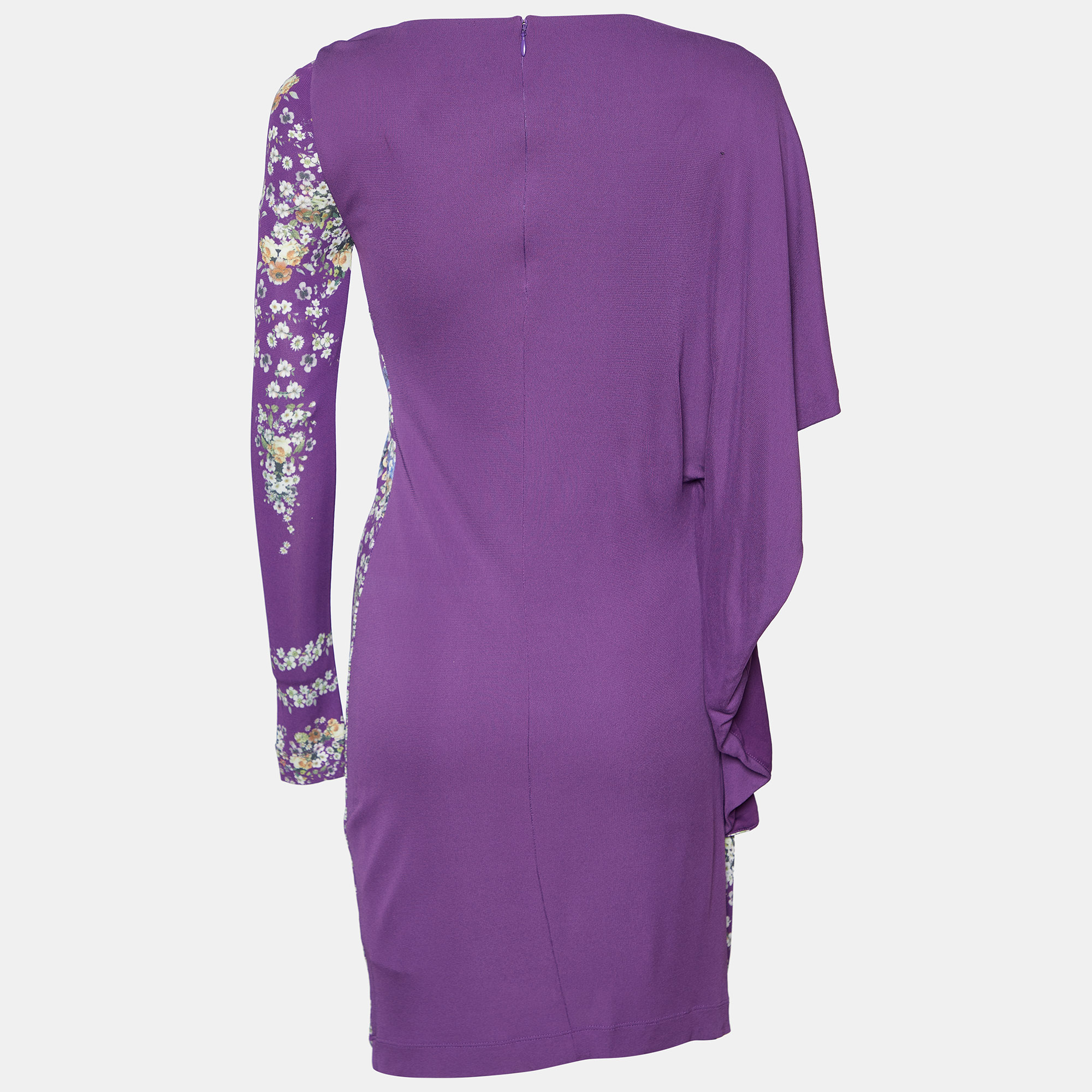 

Cavalli Class Purple Floral Printed Jersey Draped Mini Dress
