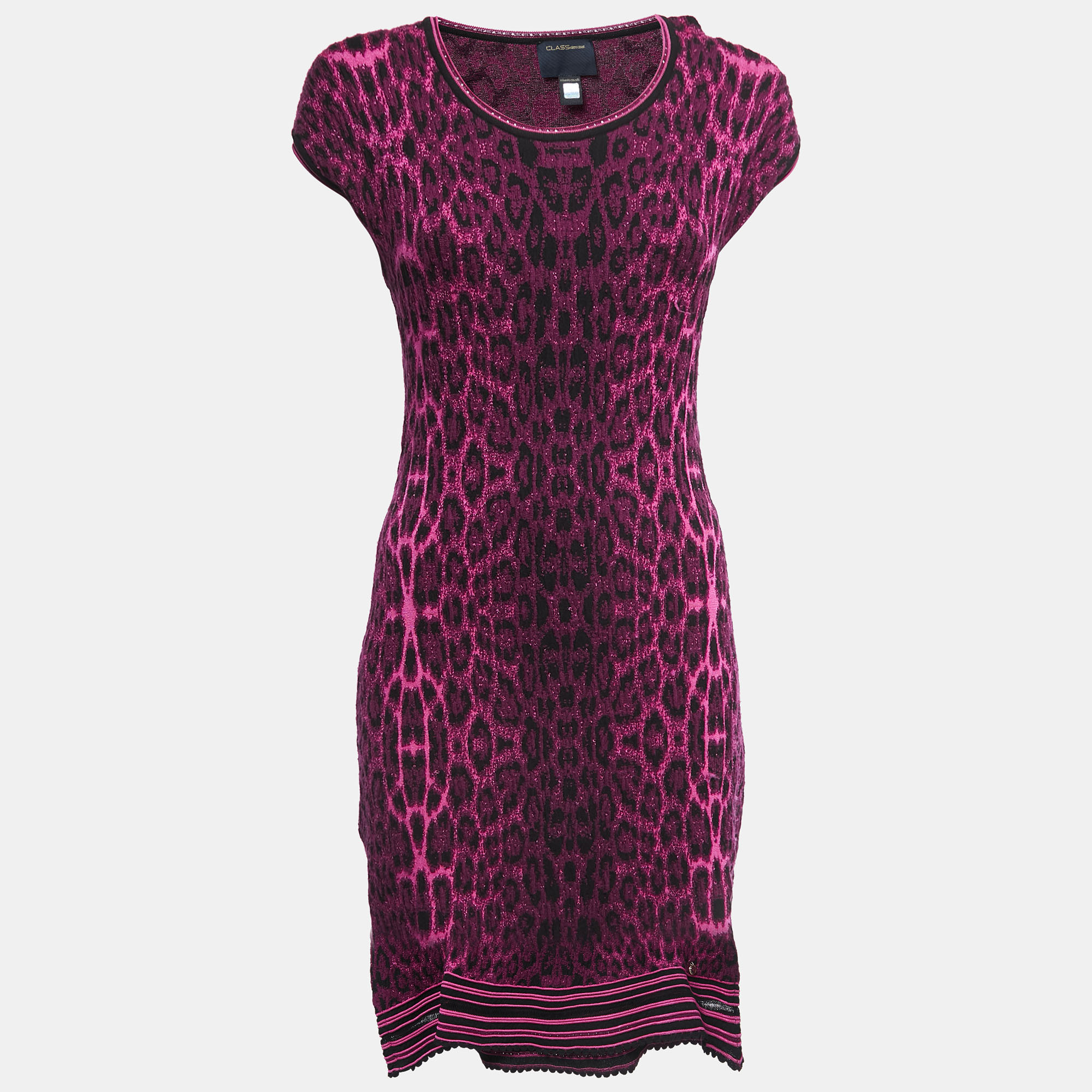 Pre-owned Class By Roberto Cavalli Purple Leopard Patterned Knit Flared Short Dress M