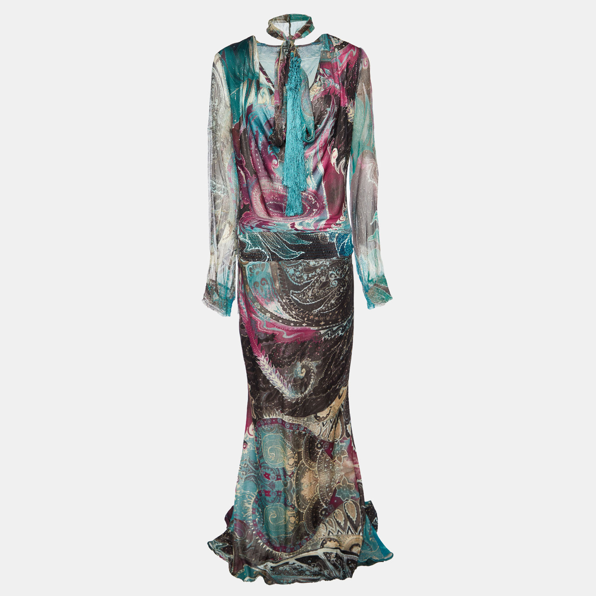 Pre-owned Class By Roberto Cavalli Multicolor Printed Jersey & Silk Trim Detail Maxi Dress M