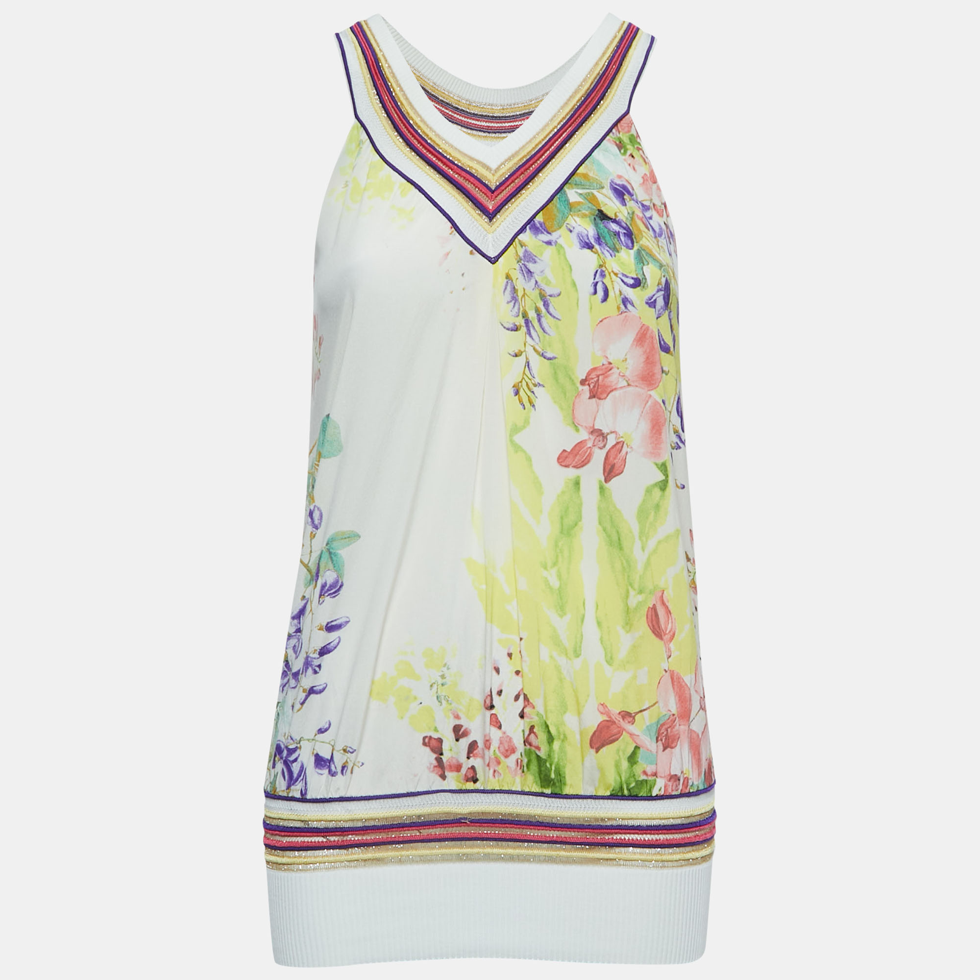 Pre-owned Class By Roberto Cavalli Multicolor Floral Print Silk V-neck Sleeveless Top S