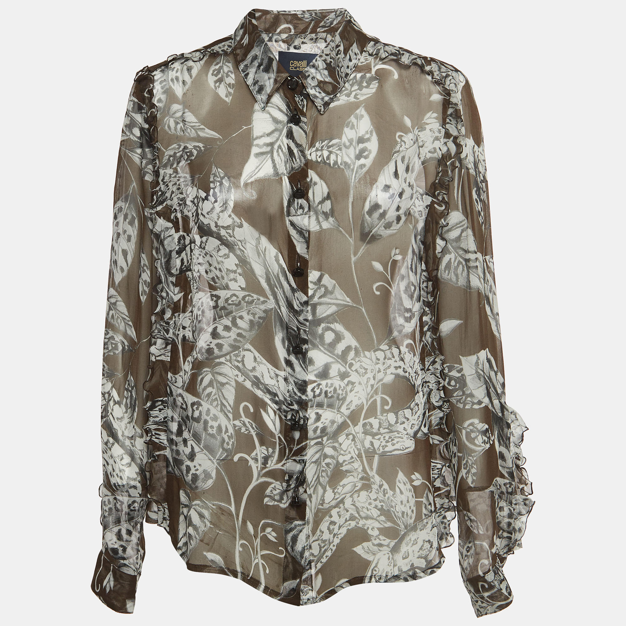 

Class by Roberto Cavalli Brown Floral Print Silk Ruffled Semi Sheer Shirt