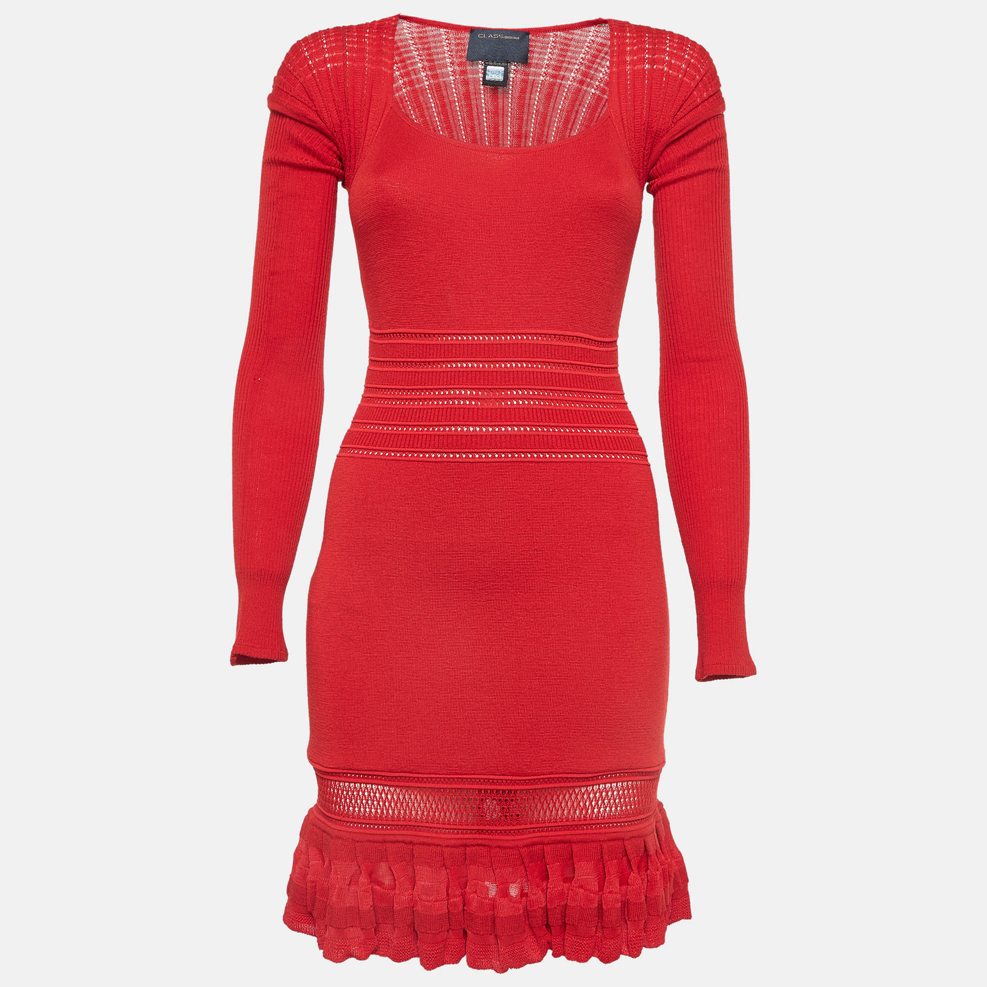 

Class by Roberto Cavalli Red Patterned Knit Flounce Midi Dress