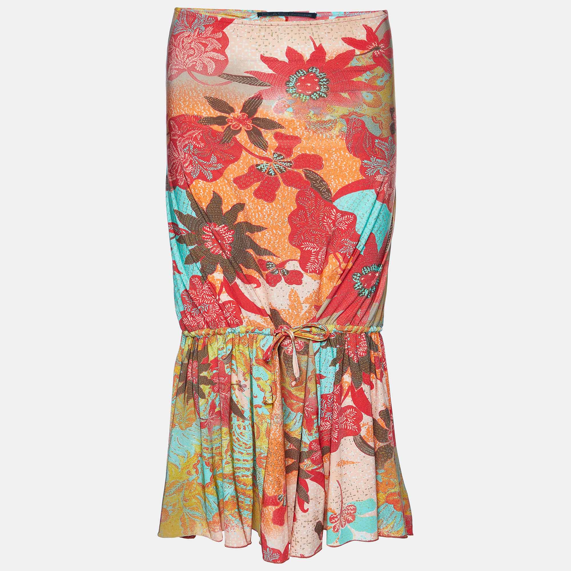 

Class by Roberto Cavalli Multicolor Floral Print Jersey Flounce Midi Skirt