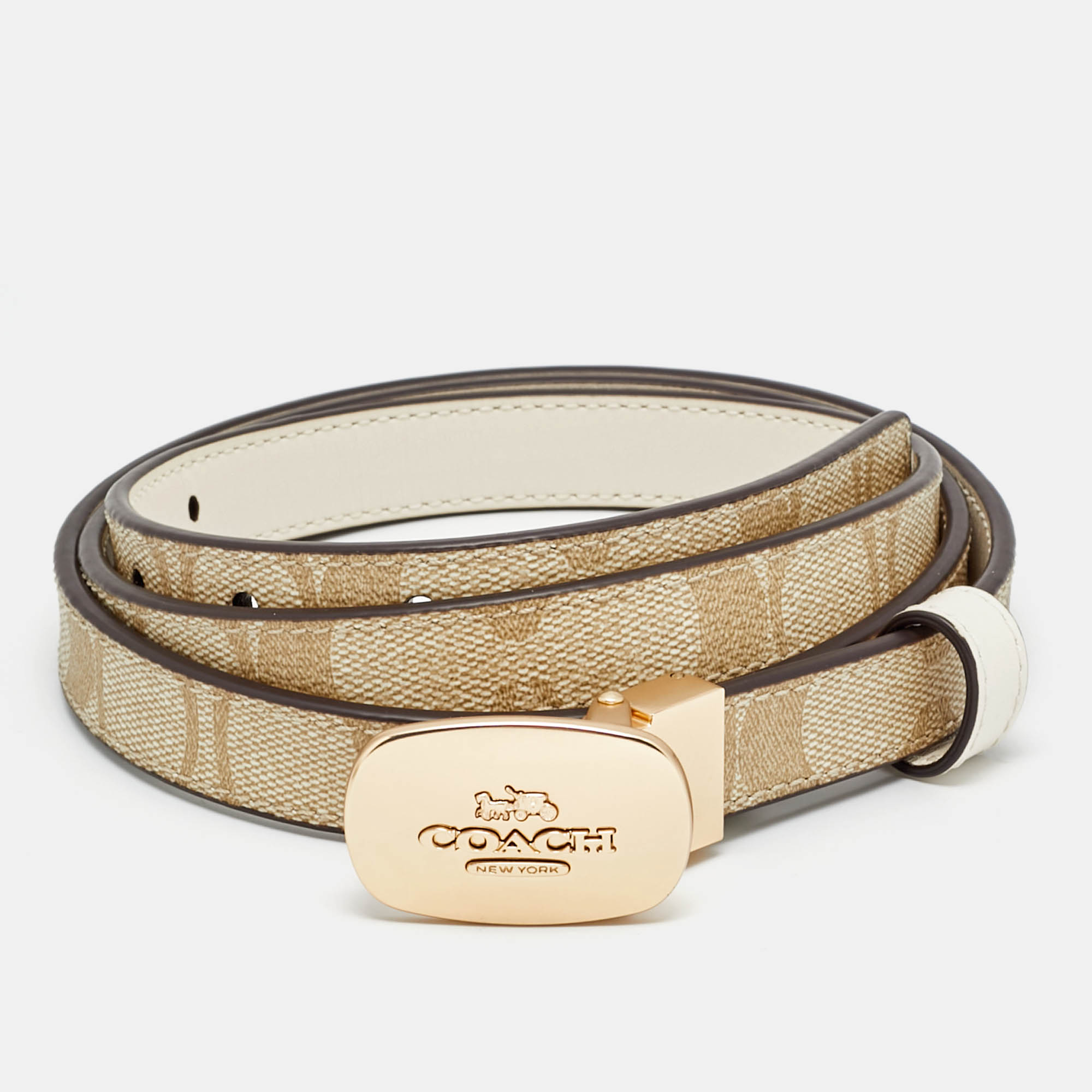 

Coach Eliza Cut to Size Reversible Buckle Belt Beige Signature Coated Canvas and Leather