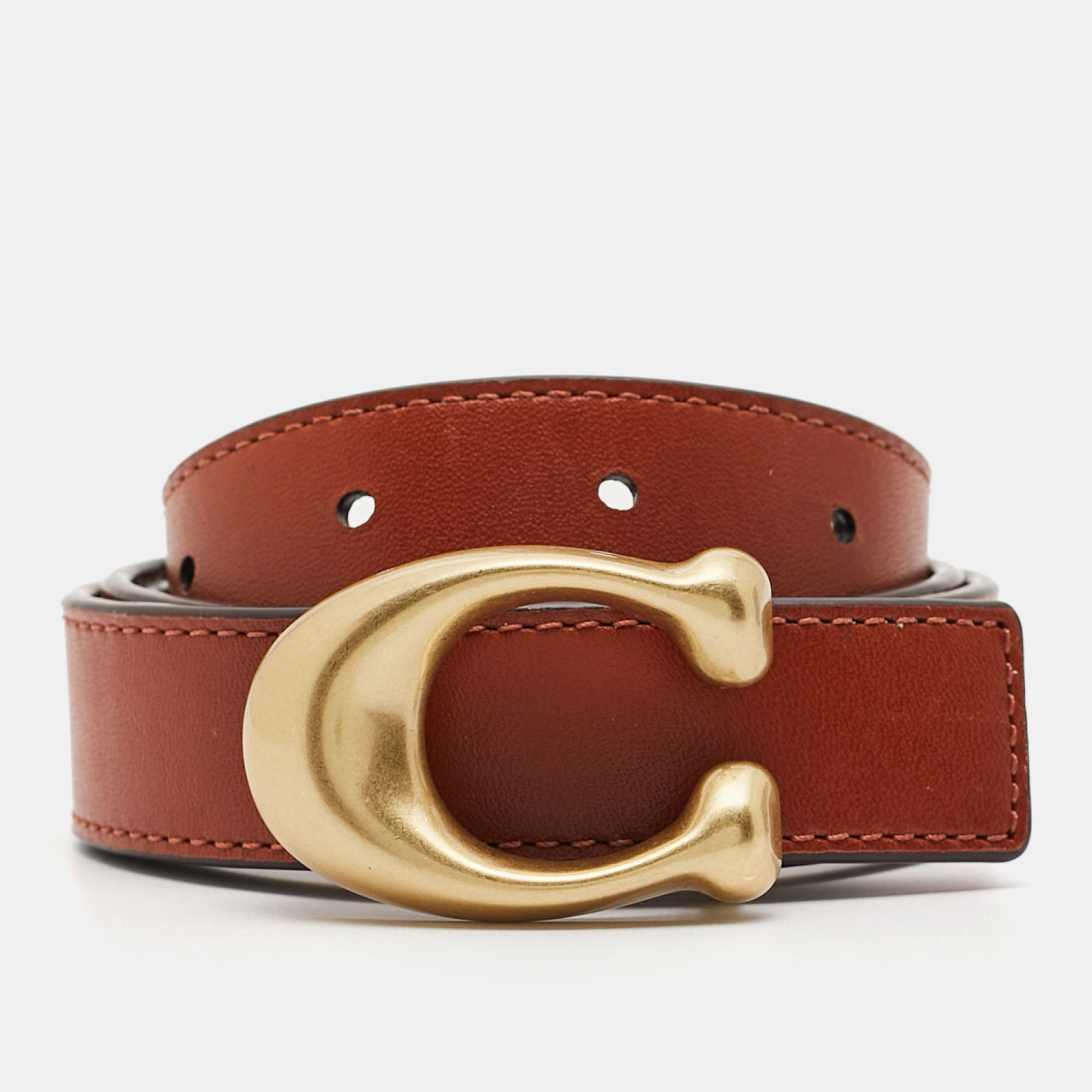 

Coach Brown Signature Coated Canvas and Leather Reversible Sculpted C Buckle Cut To Size Belt