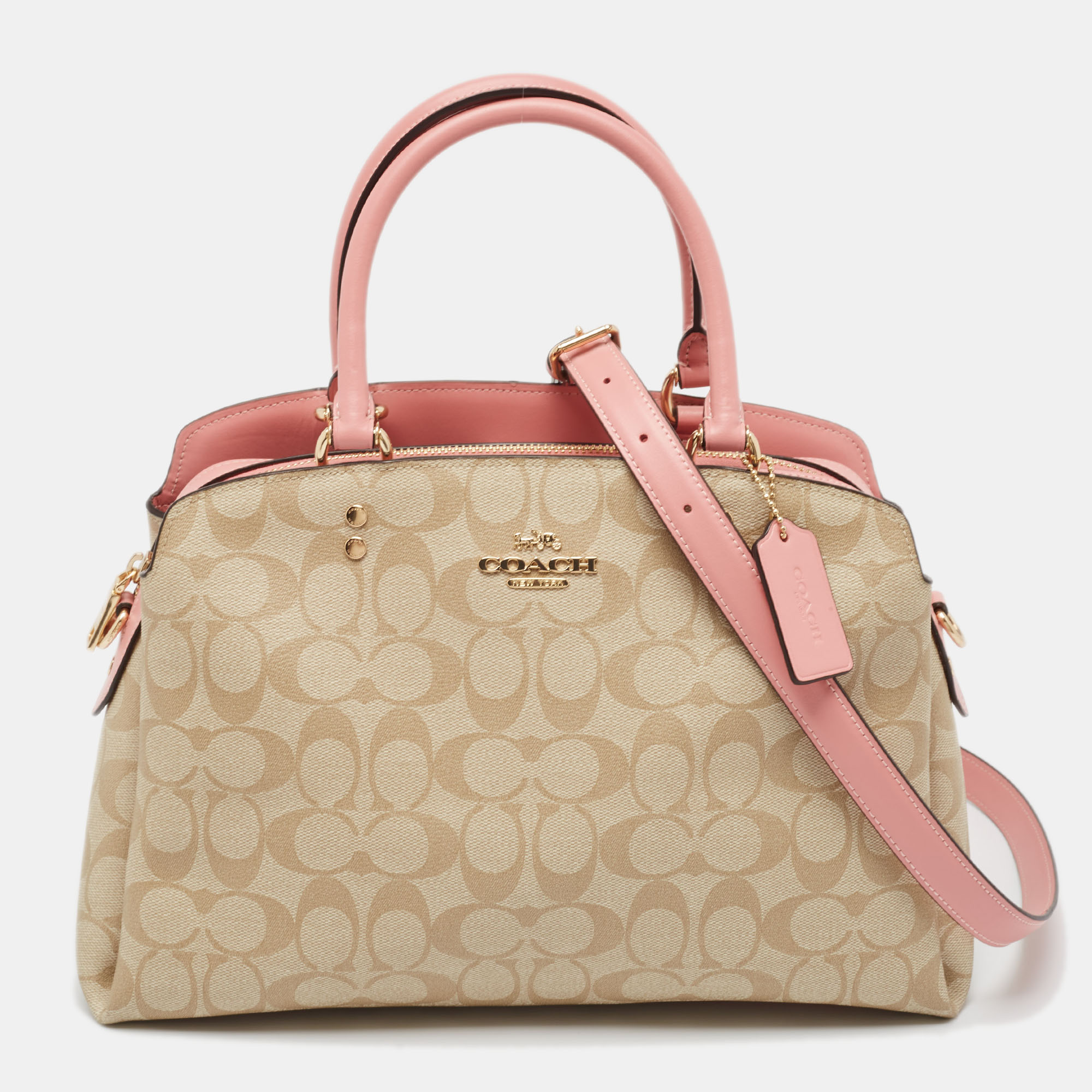 

Coach Pink/Beige Signature Coated Canvas and Leather Lillie Carryall Satchel