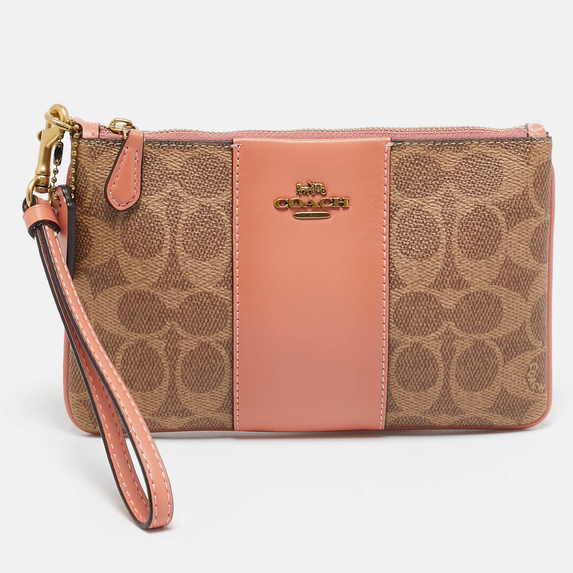 

Coach Beige/Peach Signature Coated Canvas and Leather Zip Wristlet Pouch