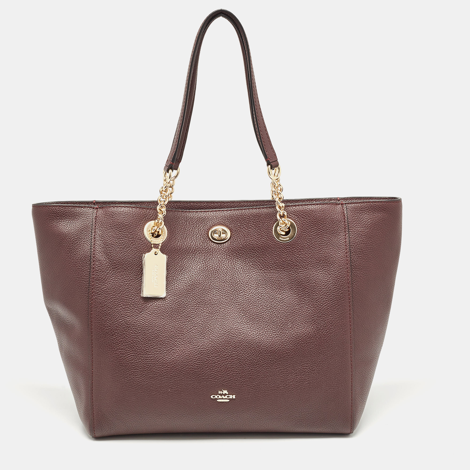 

Coach Dark Burgundy Leather Turnlock Chain Tote