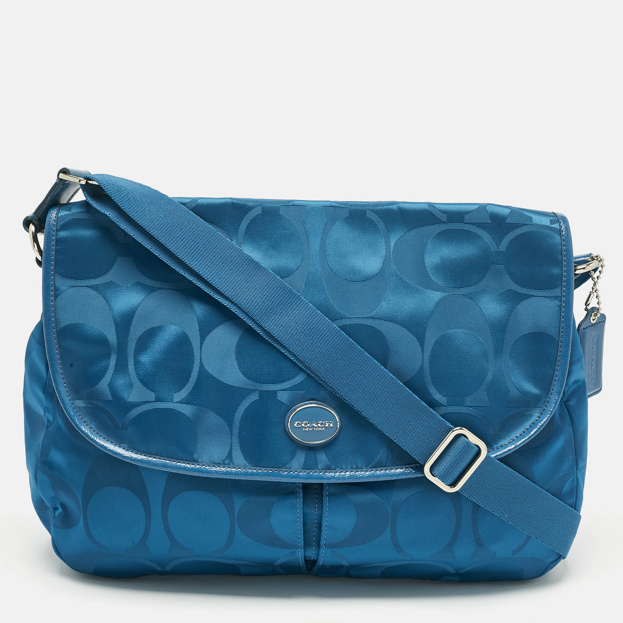 

Coach Teal Blue Signature Nylon and Patent Leather Messenger Bag