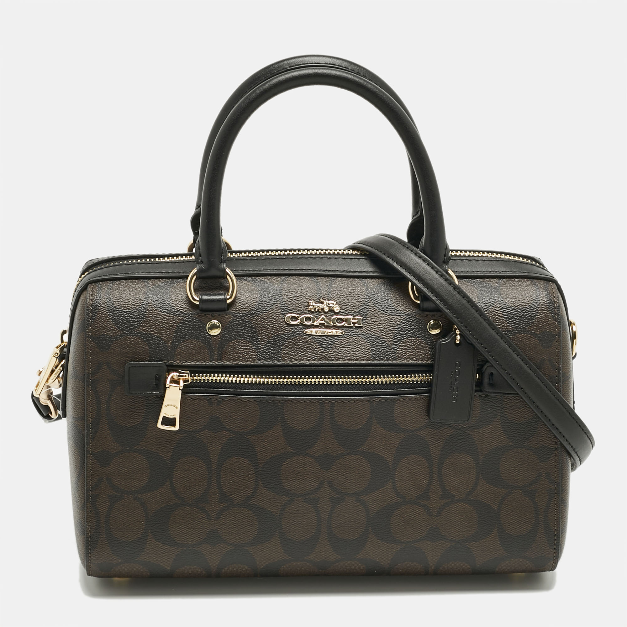 

Coach Brown/Black Signature Coated Canvas and Leather Rowan Satchel